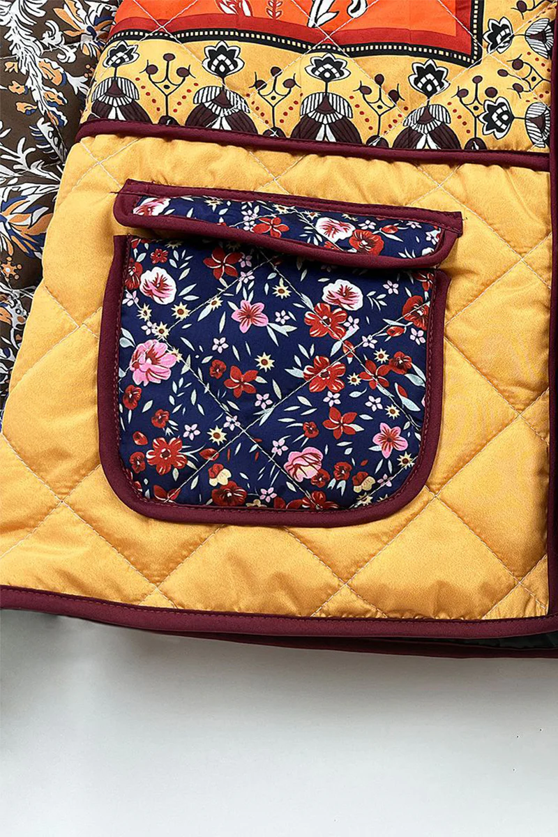 Casual Flowers Pocket Patchwork Contrast Mandarin Collar Outerwear - Panekey