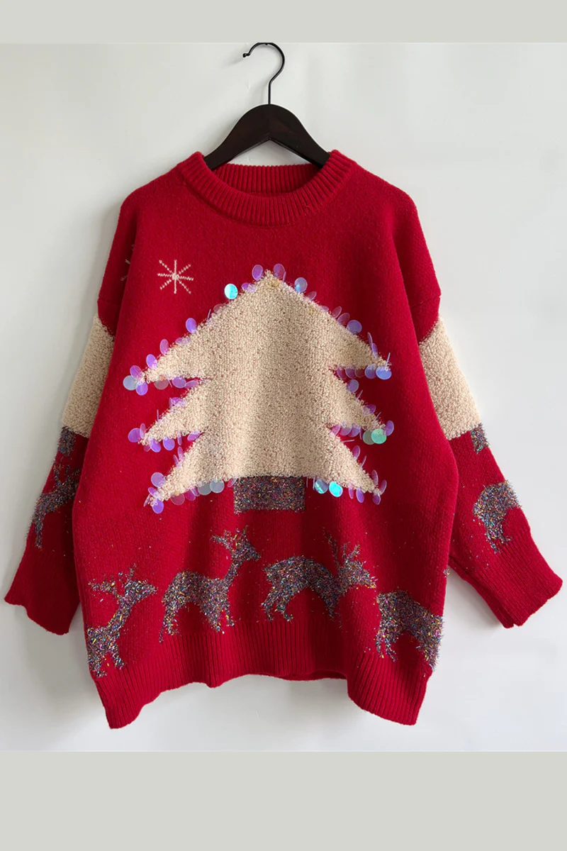 Casual Christmas Tree Sequins Patch O Neck Sweaters - Panekey