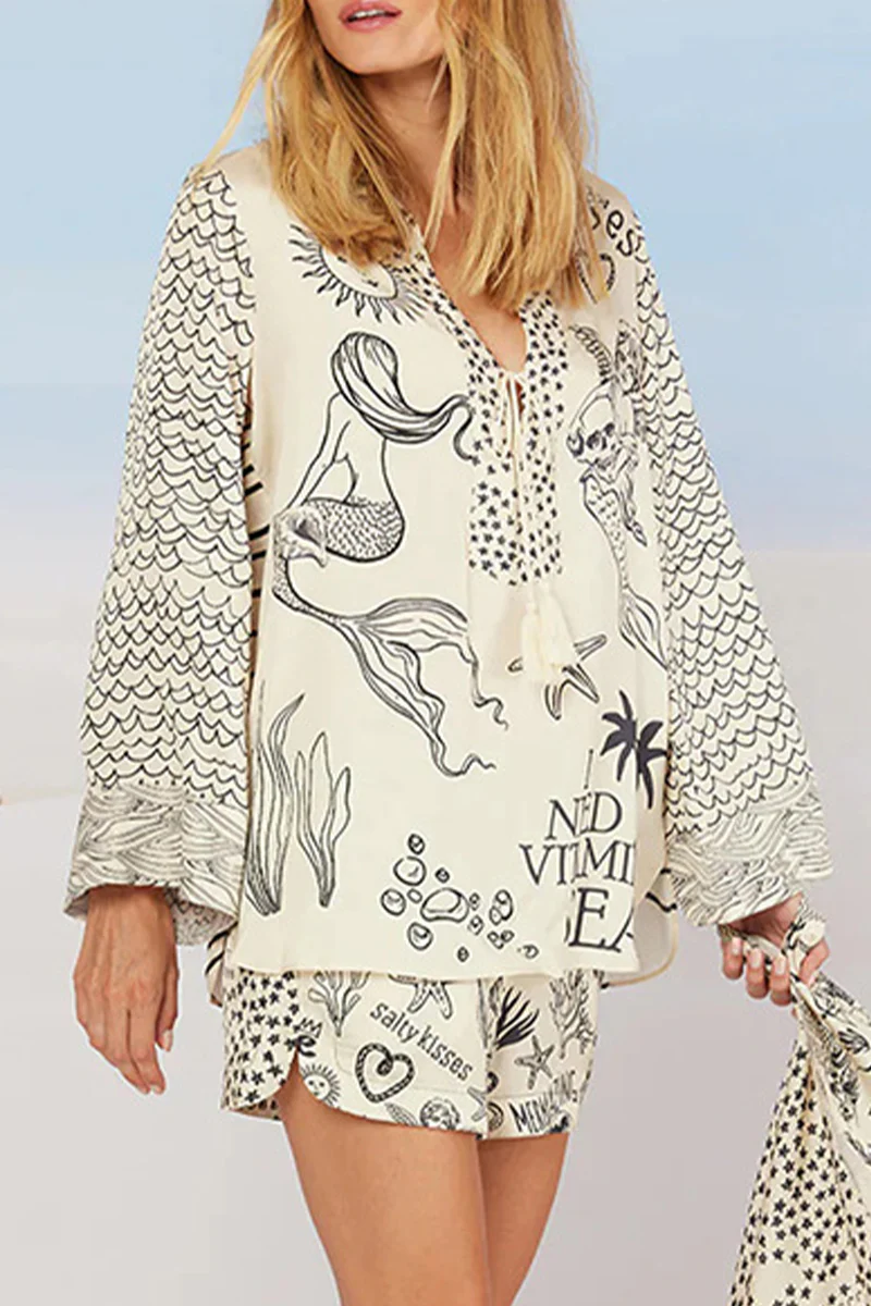 Casual Graffiti Print Tassel Contrast V Neck Long Sleeve Two Pieces - Panekey