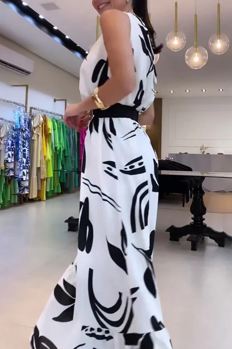 Casual Floral Print Lace Up With Belt O Neck Long Dresses - Panekey