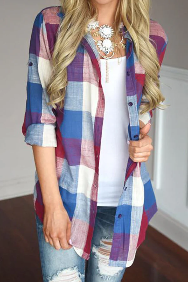 Casual Plaid Pocket Buckle Turndown Collar Tops - Panekey