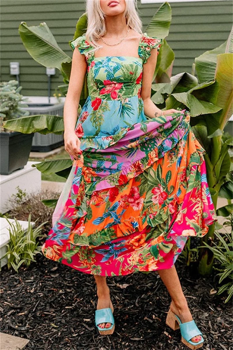 Casual Floral Print Patchwork Backless Square Neck Long Dresses - Panekey