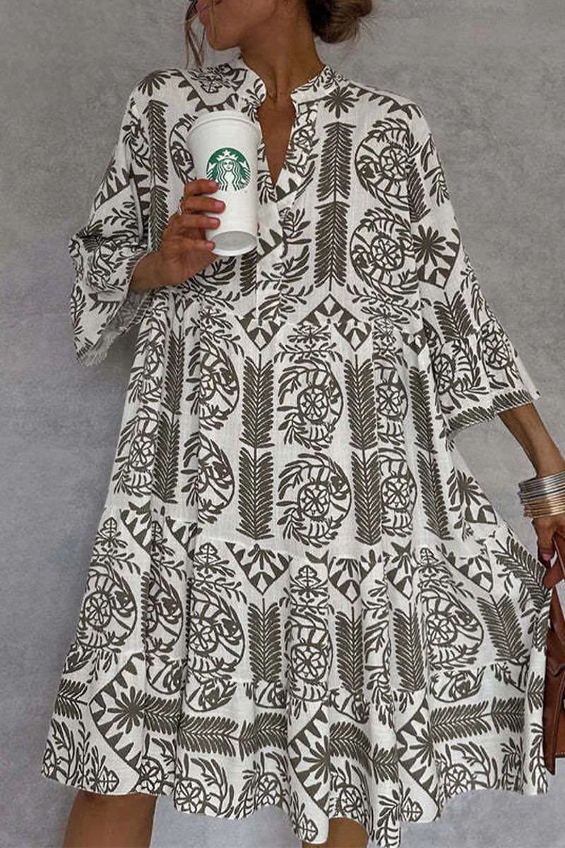 Casual Floral Print Patchwork V Neck A Line Dresses - Panekey