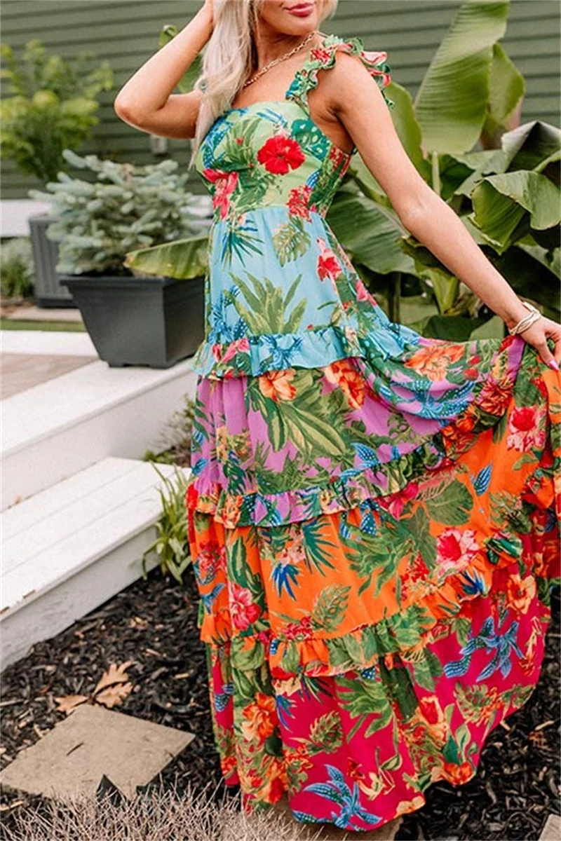 Casual Floral Print Patchwork Backless Square Neck Long Dresses - Panekey