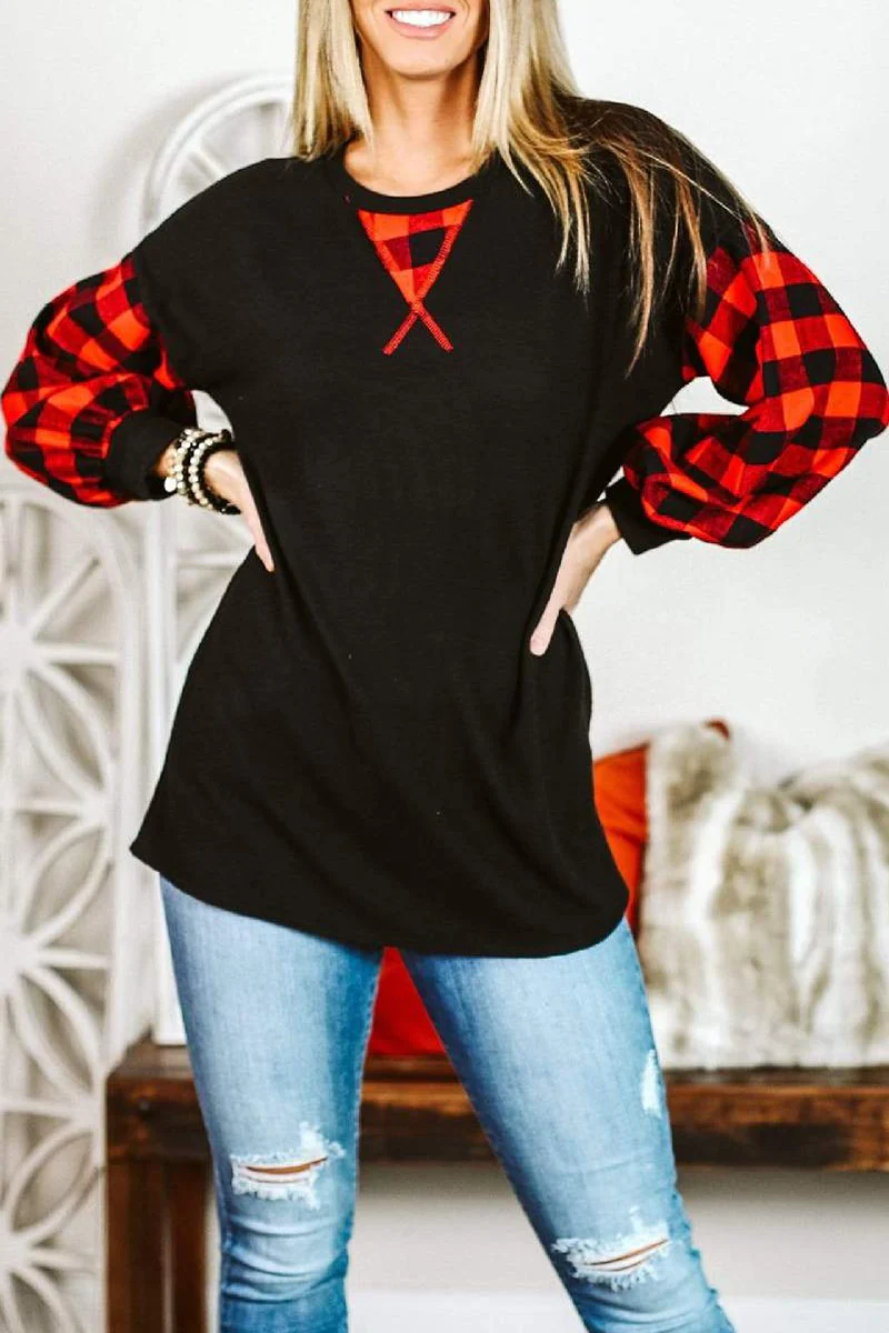 Casual Plaid Split Joint O Neck Tops - Panekey