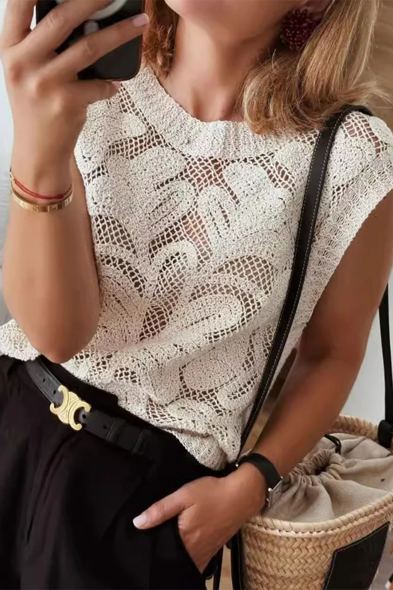 Casual Daily Hollow Out O Neck Tops - Panekey