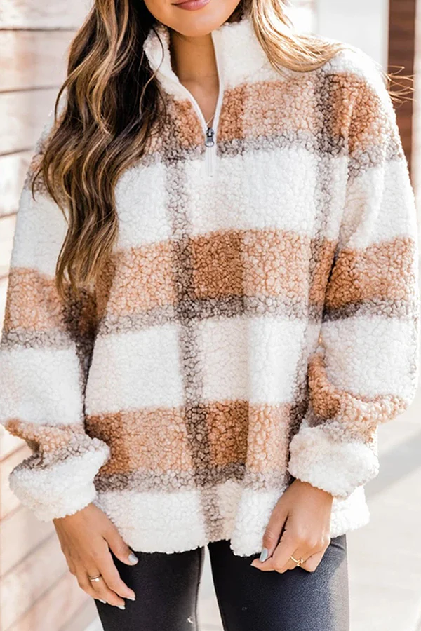 Casual Plaid Patchwork Zipper Mandarin Collar Tops - Panekey