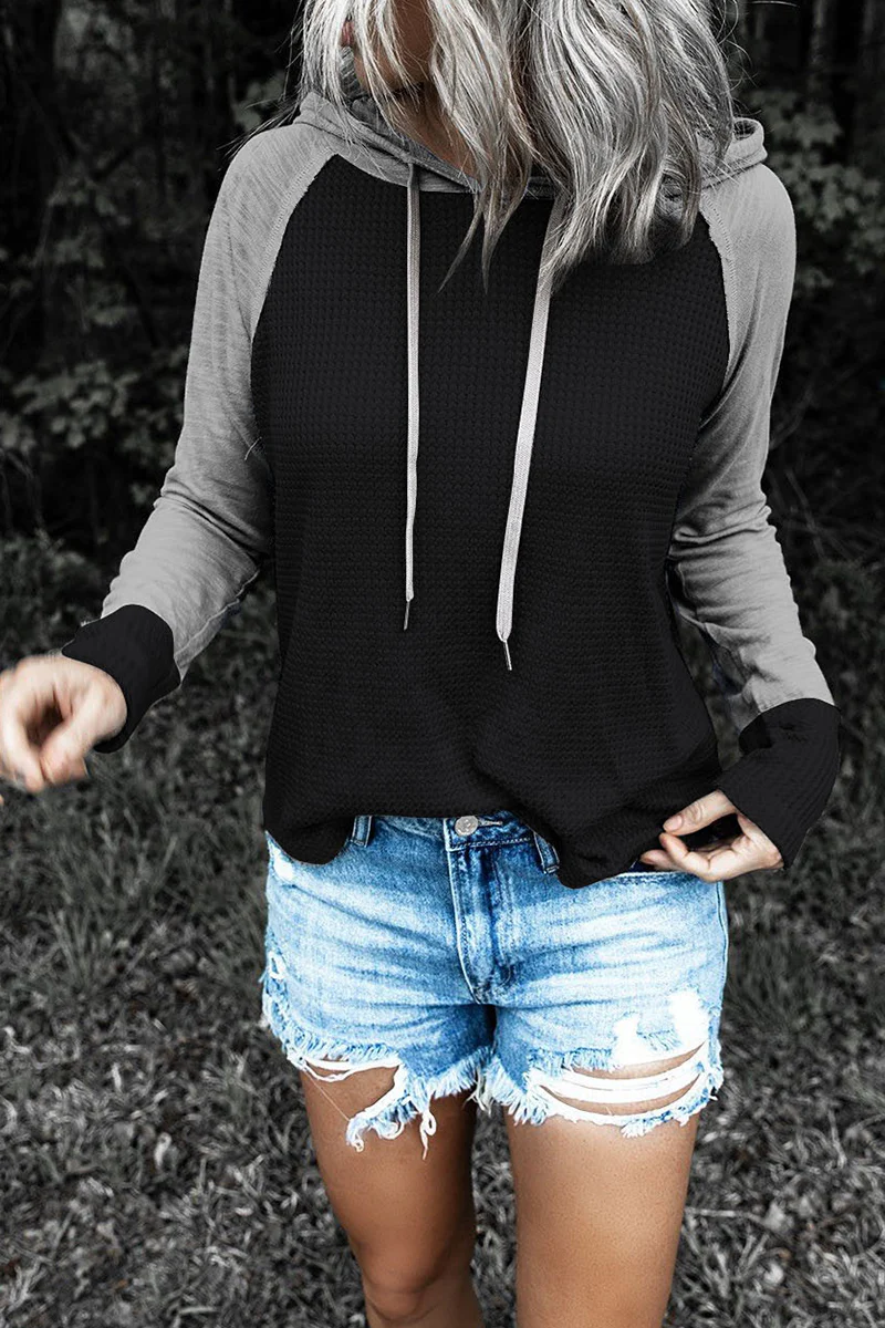 Casual Patchwork Draw String Contrast Hooded Collar Tops(5 Colors) - Panekey