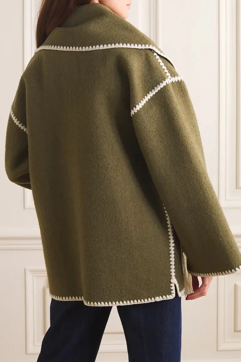 Casual British Style Solid Tassel Contrast Scarf Collar Outerwear - Panekey