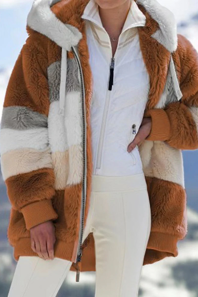 Casual Patchwork Contrast Zipper Hooded Collar Outerwear - Panekey