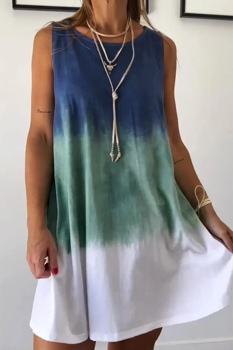 Casual Gradient Print Tie Dye Contrast O Neck Sleeveless Dresses - Panekey