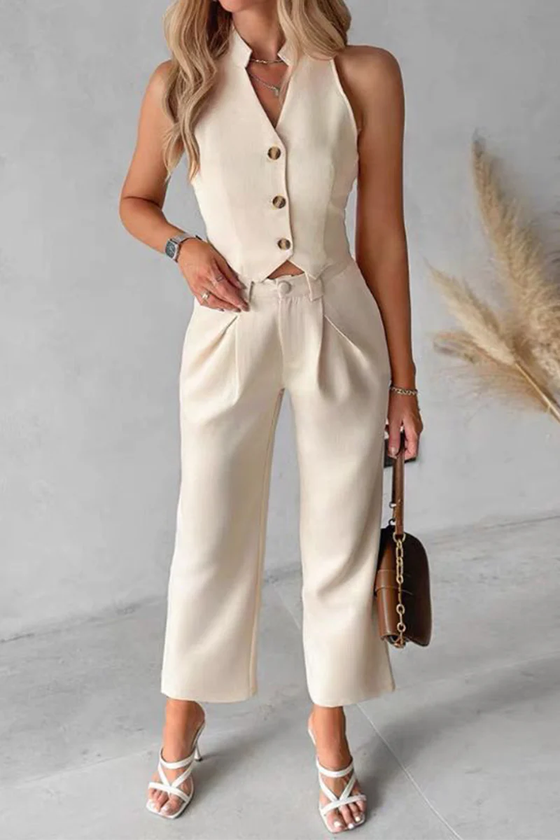 Casual Daily Solid Color Pocket Buttons V Neck Sleeveless Two Pieces - Panekey