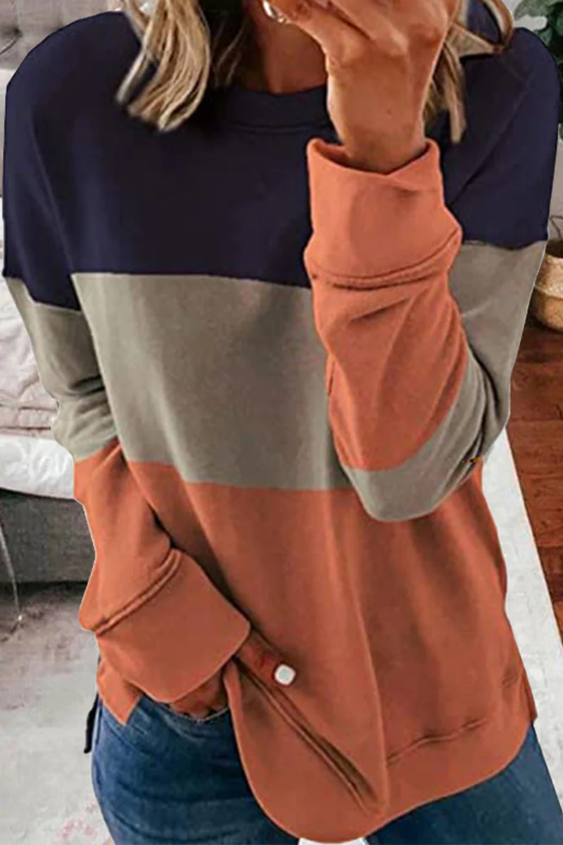 Casual Color Lump Patchwork Contrast O Neck Tops(5 Colors) - Panekey
