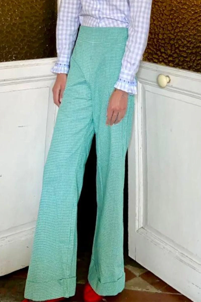 Casual Daily Plaid Stripe Pocket Loose High Waist Straight Full Print Bottoms(4 Colors) - Panekey