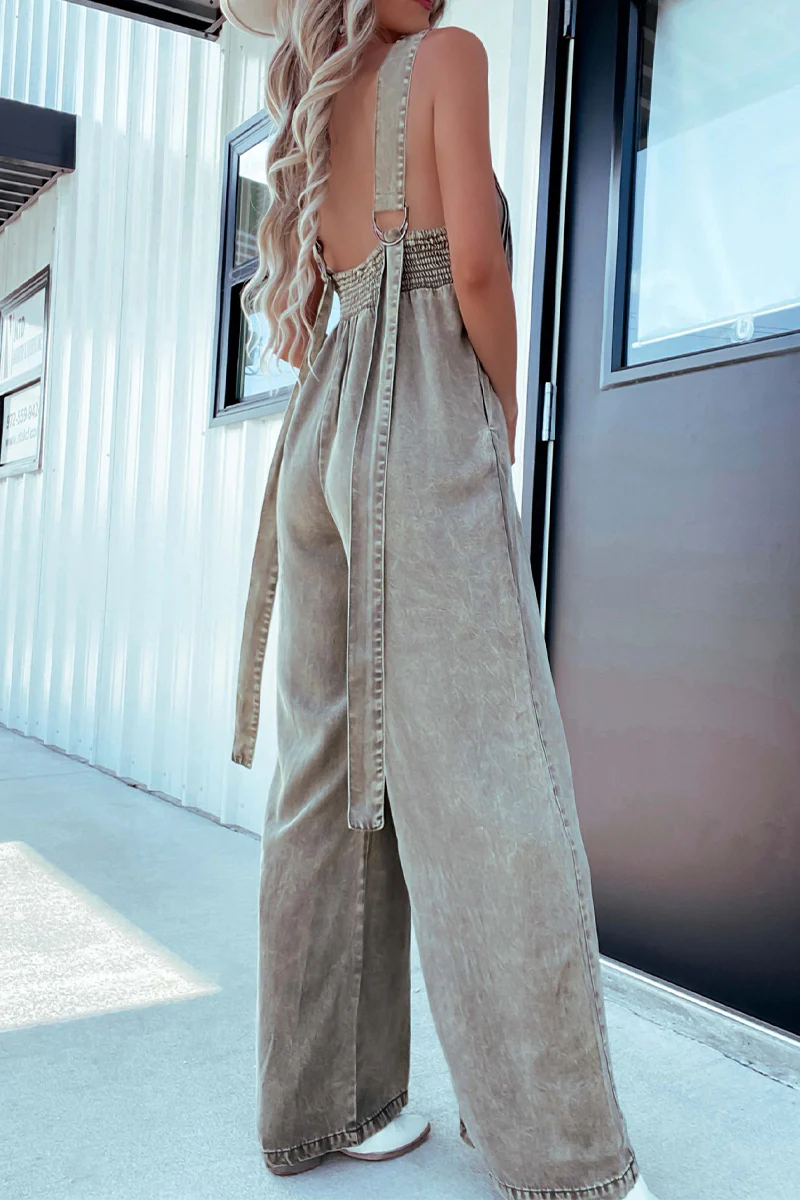 Casual Distressed Pocket Adjustable V Neck Loose Jumpsuits - Panekey