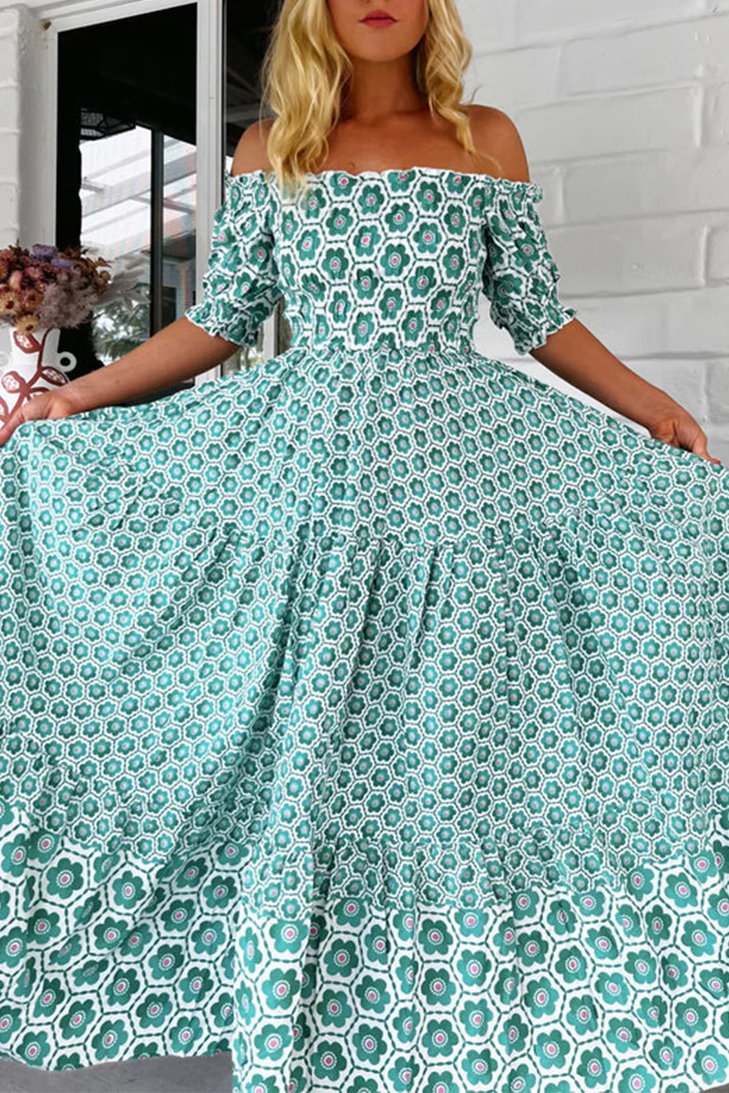 Casual Geometric Print Contrast Off Shoulder Short Sleeve Short Sleeve Dress - Panekey