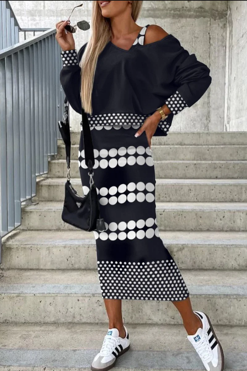 Casual Geometric Printing Long Sleeve Two Pieces(9 Colors) - Panekey