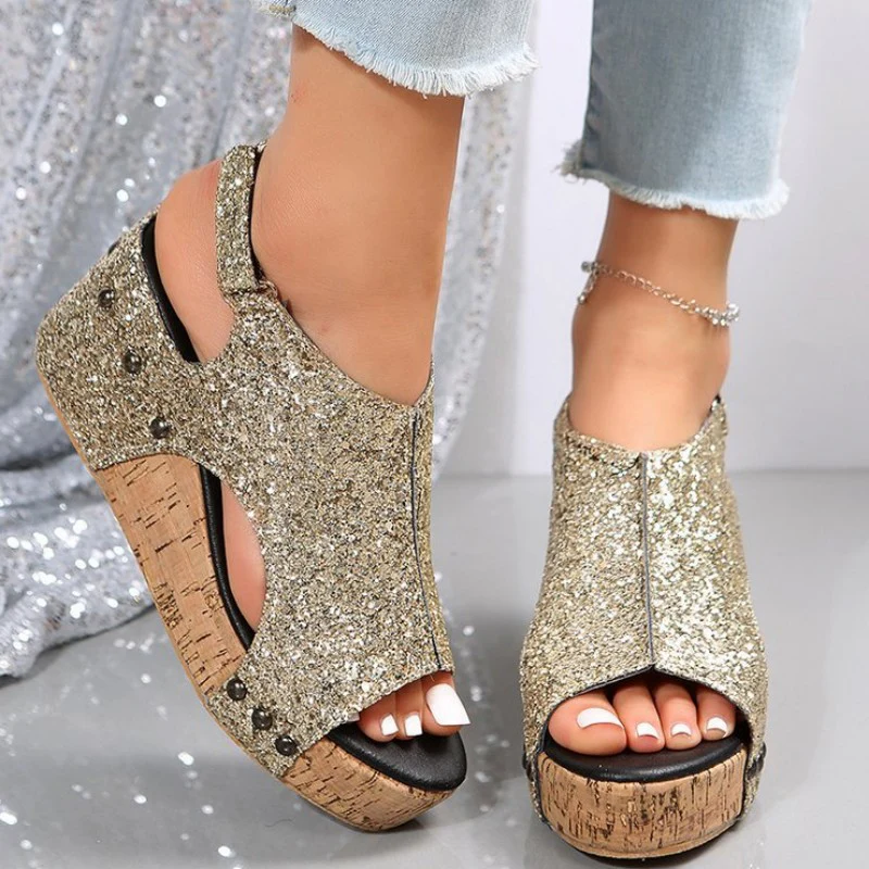 Casual Hollowed Out Sequins Patchwork Fish Mouth Out Door Wedges Shoes - Panekey