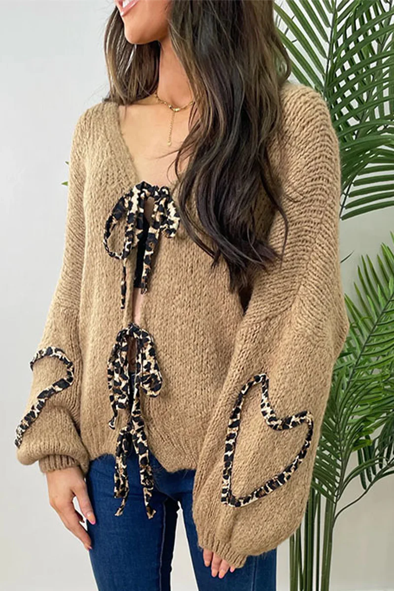 Casual Leopard Lace Up Patchwork Weave V Neck Outerwear(7 Colors) - Panekey