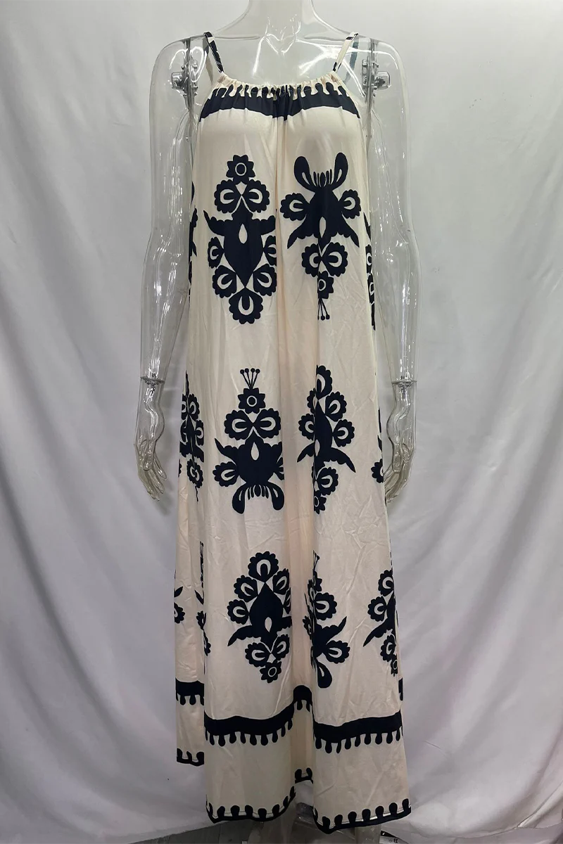 Casual National Totem Print Draw String Square Neck Sling Dresses(4 Colors) - Panekey