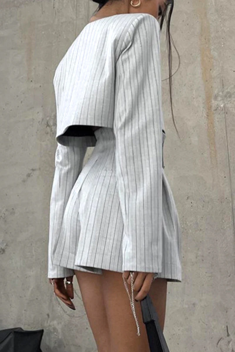 Casual British Style Striped Buttons Asymmetrical V Neck Long Sleeve Two Pieces - Panekey