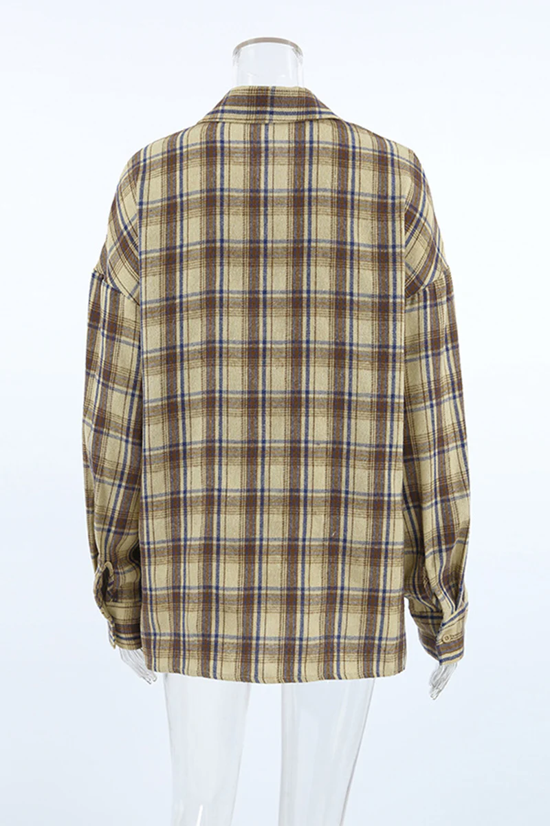 Casual Plaid Buttons Contrast Turndown Collar Blouses - Panekey