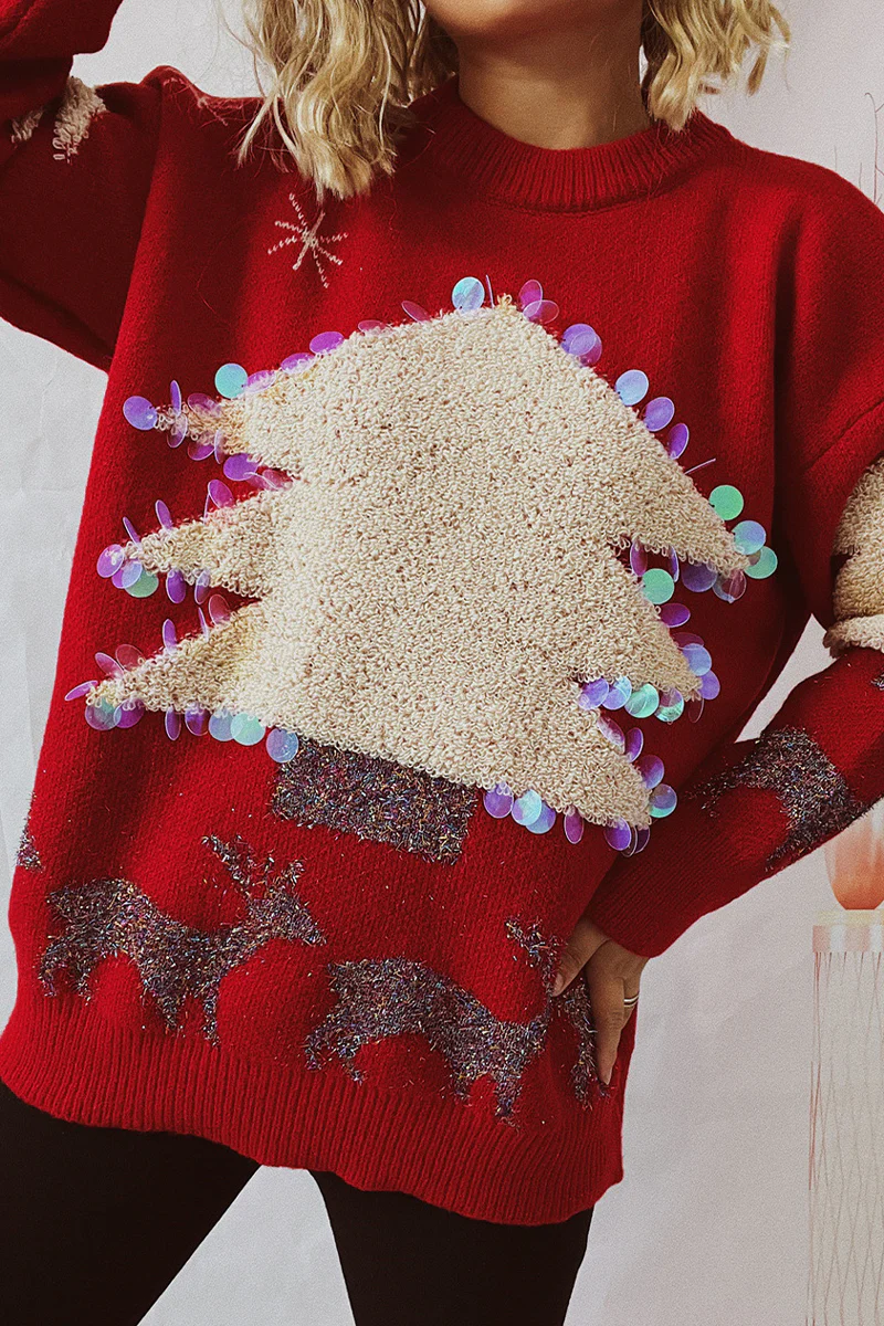 Casual Christmas Tree Sequins Patch O Neck Sweaters - Panekey