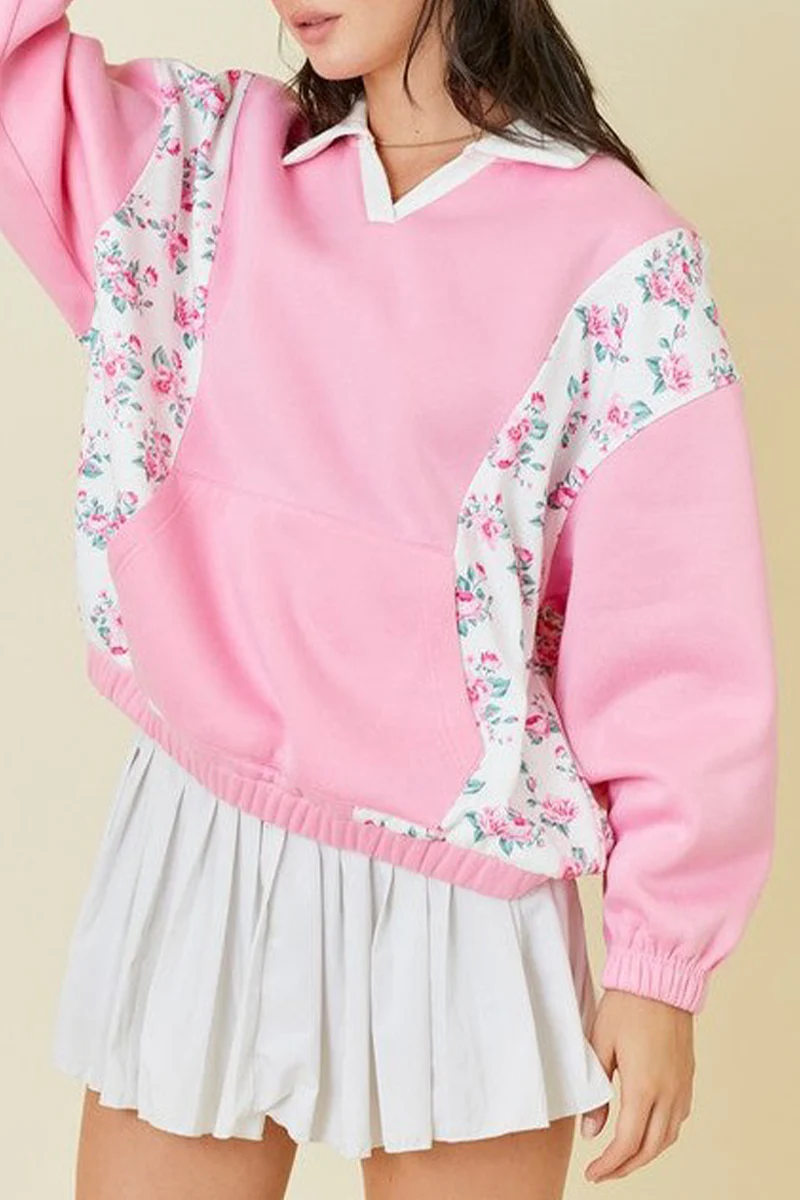 Casual Flowers Pocket Patchwork Contrast Turndown Collar Sweats - Panekey