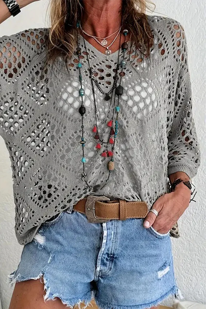 Casual Daily Solid Color Hollow Out V Neck Sweaters(5 Colors) - Panekey