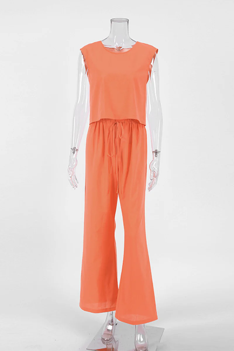 Casual Daily Solid Color Lace Up O Neck Sleeveless Two Pieces - Panekey