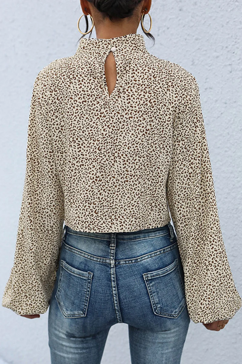 Casual Leopard Asymmetrical Printing Turtleneck Tops - Panekey