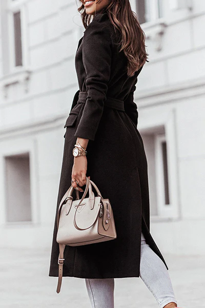 Casual Elegant Solid Patchwork With Belt Turn-back Collar Outerwear(4 Colors) - Panekey