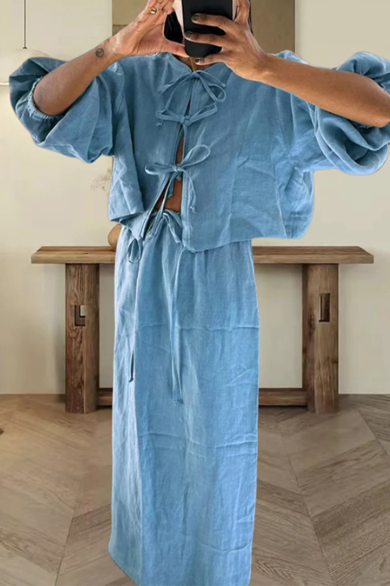 Casual Daily Solid Color Lace Up O Neck Long Sleeve Two Pieces(4 Colors) - Panekey