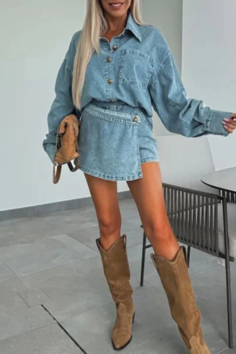 Casual Buttons Irregular Turndown Collar Long Sleeve Two Pieces - Panekey