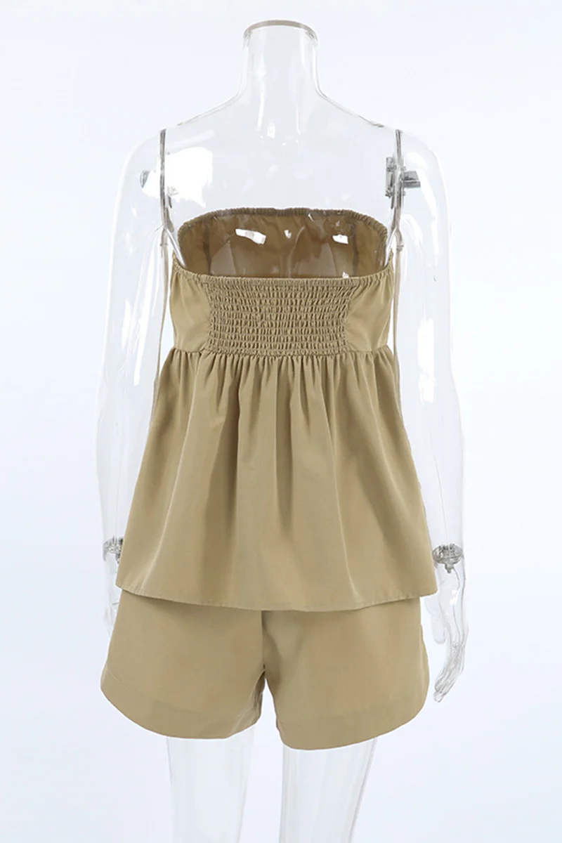 Casual Daily Solid Color Ruched Strapless Sleeveless Two Pieces - Panekey