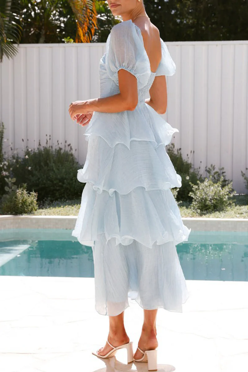 Casual Backless Flounce Square Neck Cake Skirt Dresses - Panekey