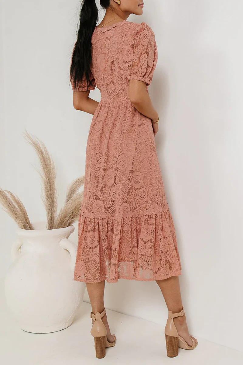 Casual Daily Solid Color Lace Buttons V Neck A Line Dresses(4 Colors) - Panekey