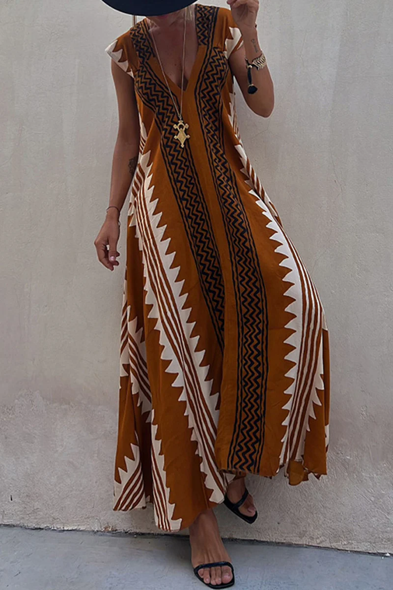 Casual College Geometric Print Fold V Neck A Line Dresses - Panekey