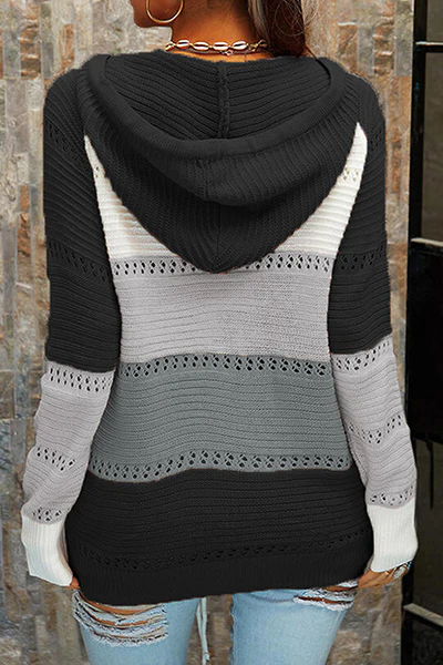 Casual Patchwork Draw String Cross Straps Contrast Hooded Collar Tops(7 Colors) - Panekey