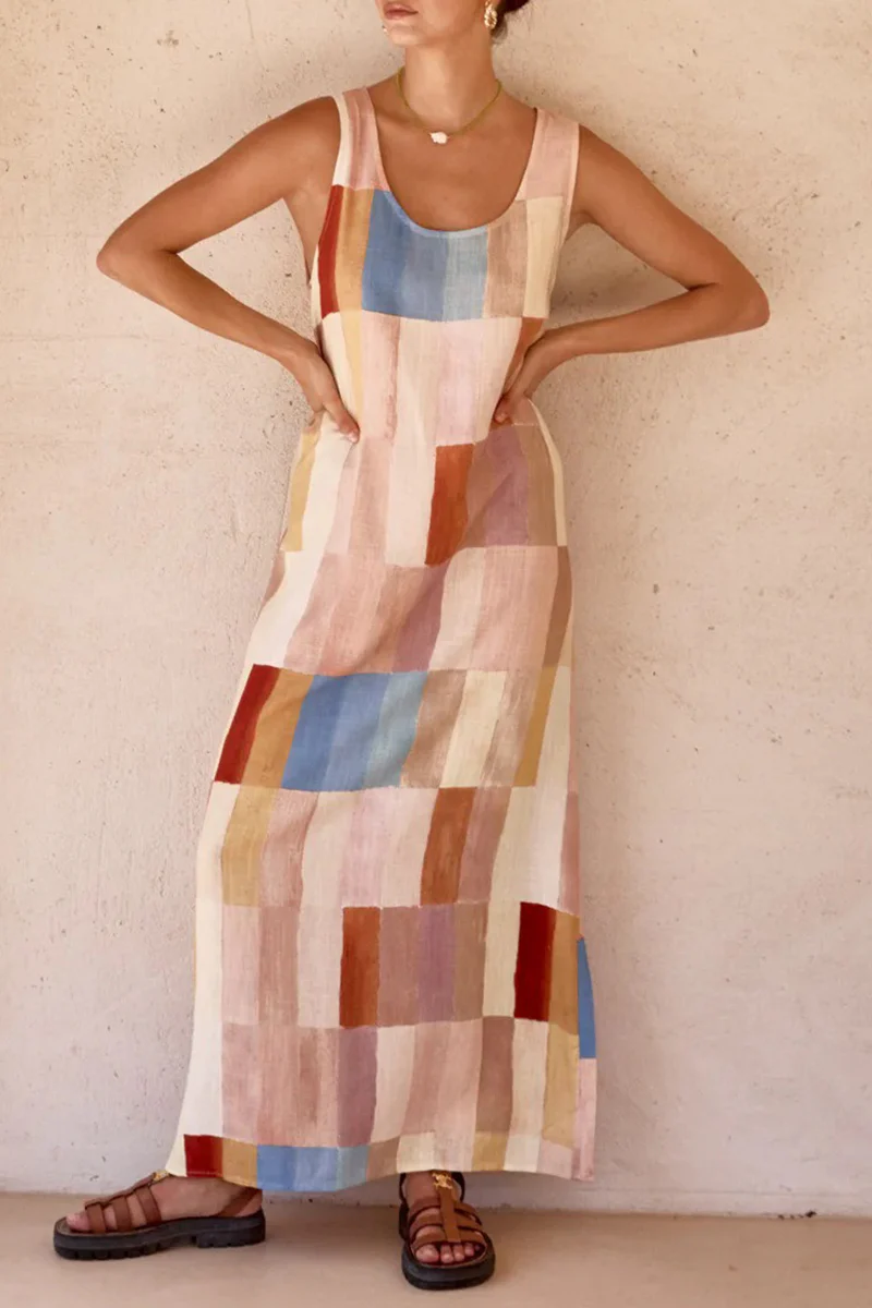 Casual Plaid Cardigan U Neck Sleeveless Dresses - Panekey