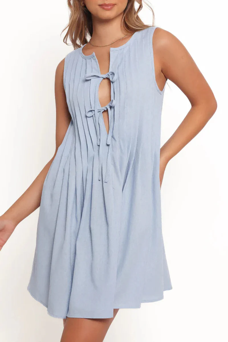 Casual Daily Lace Up Pleated O Neck Pleated Dresses(4 Colors) - Panekey