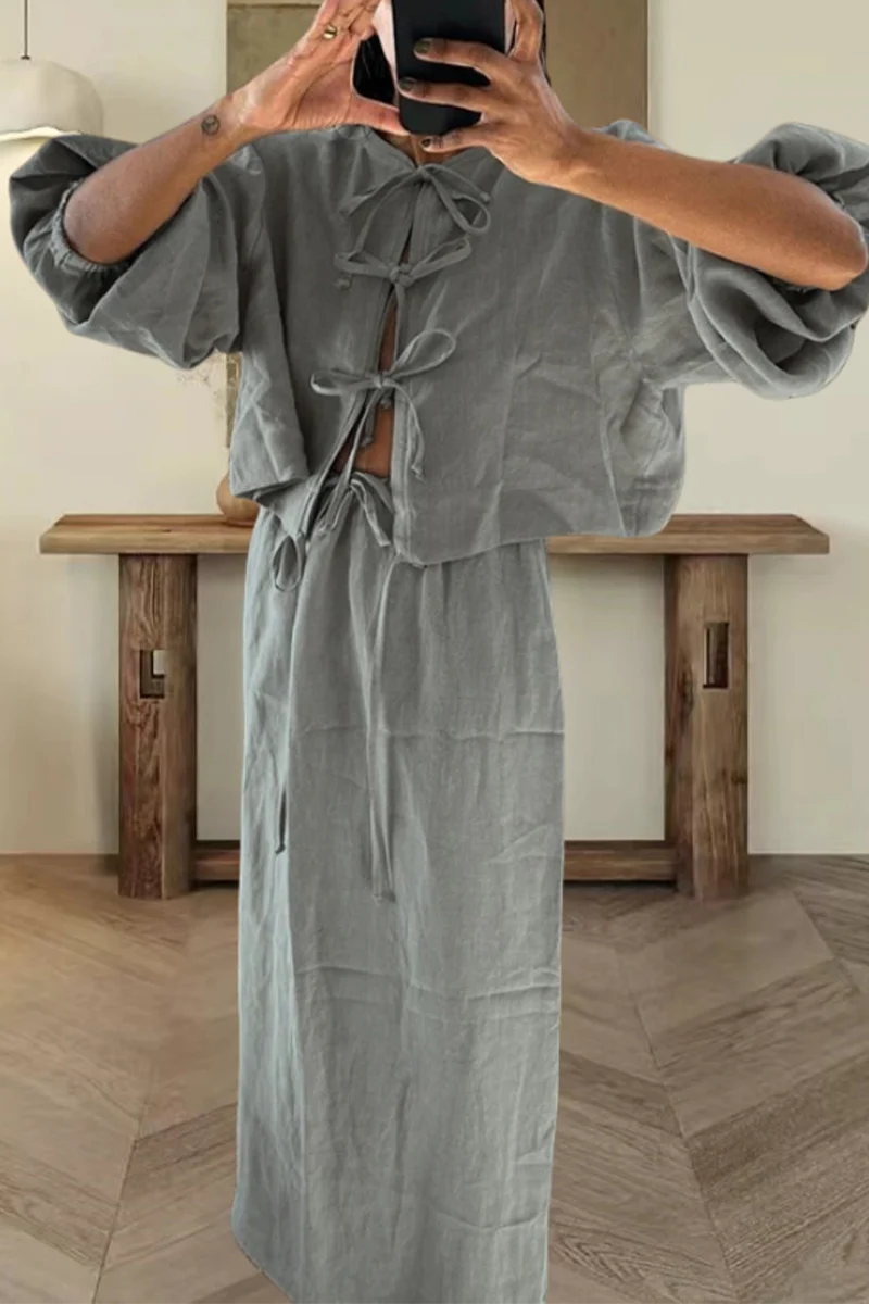 Casual Daily Solid Color Lace Up O Neck Long Sleeve Two Pieces(4 Colors) - Panekey