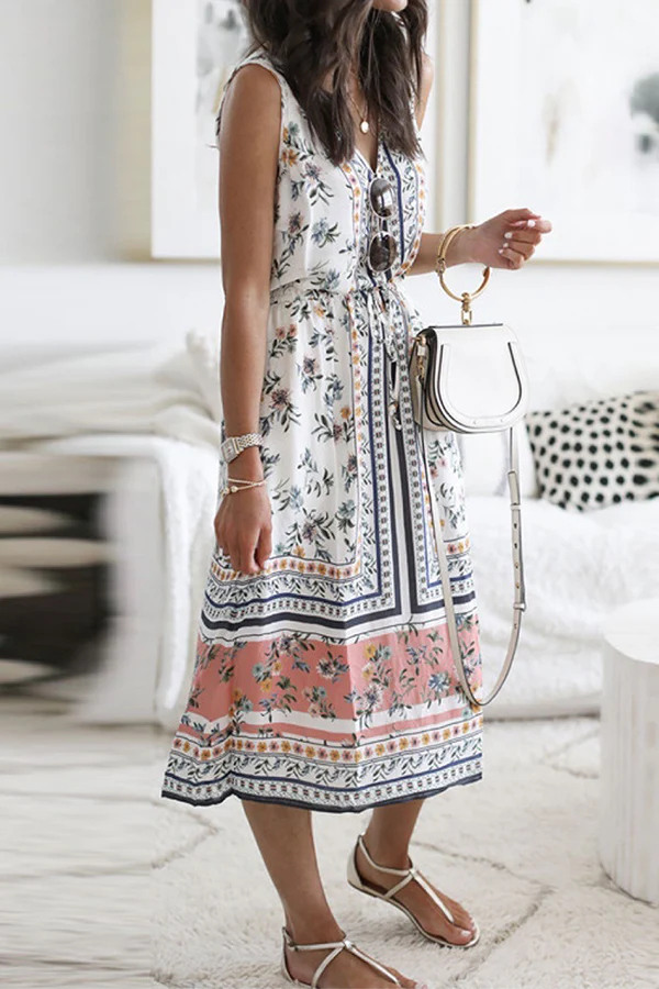 Casual Floral Patchwork Frenulum V Neck A Line Dresses - Panekey