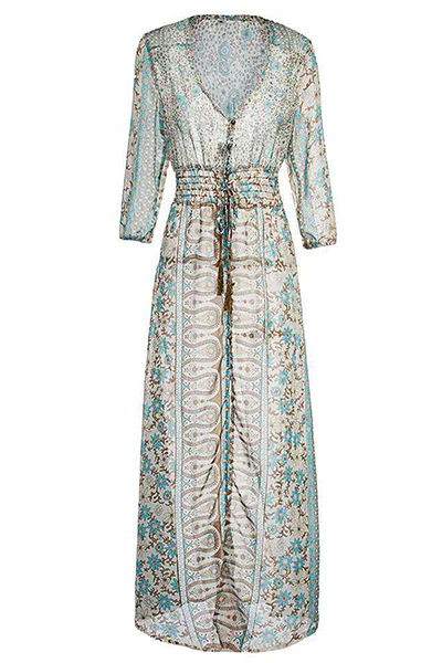Bohemian Print Frenulum Buckle Slit V Neck Dresses - Panekey