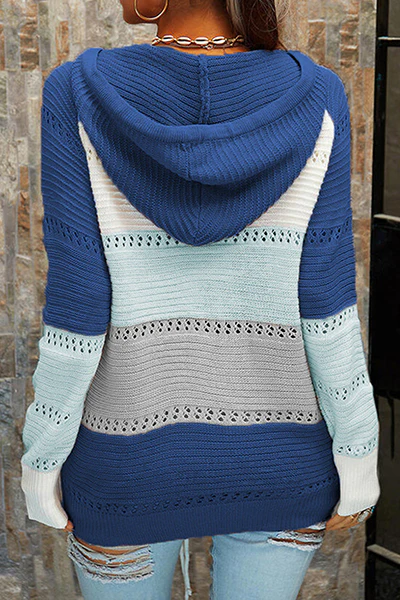 Casual Patchwork Draw String Cross Straps Contrast Hooded Collar Tops(7 Colors) - Panekey