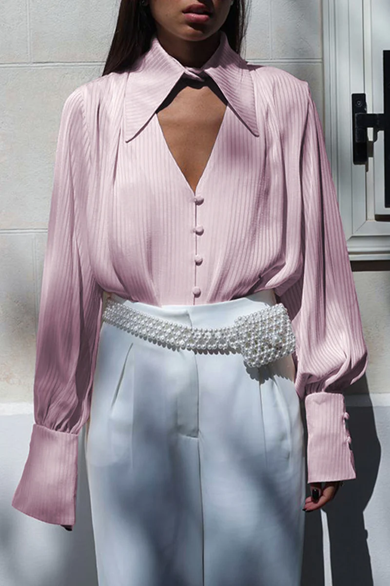 British Style Elegant Striped Buttons Turndown Collar Tops - Panekey