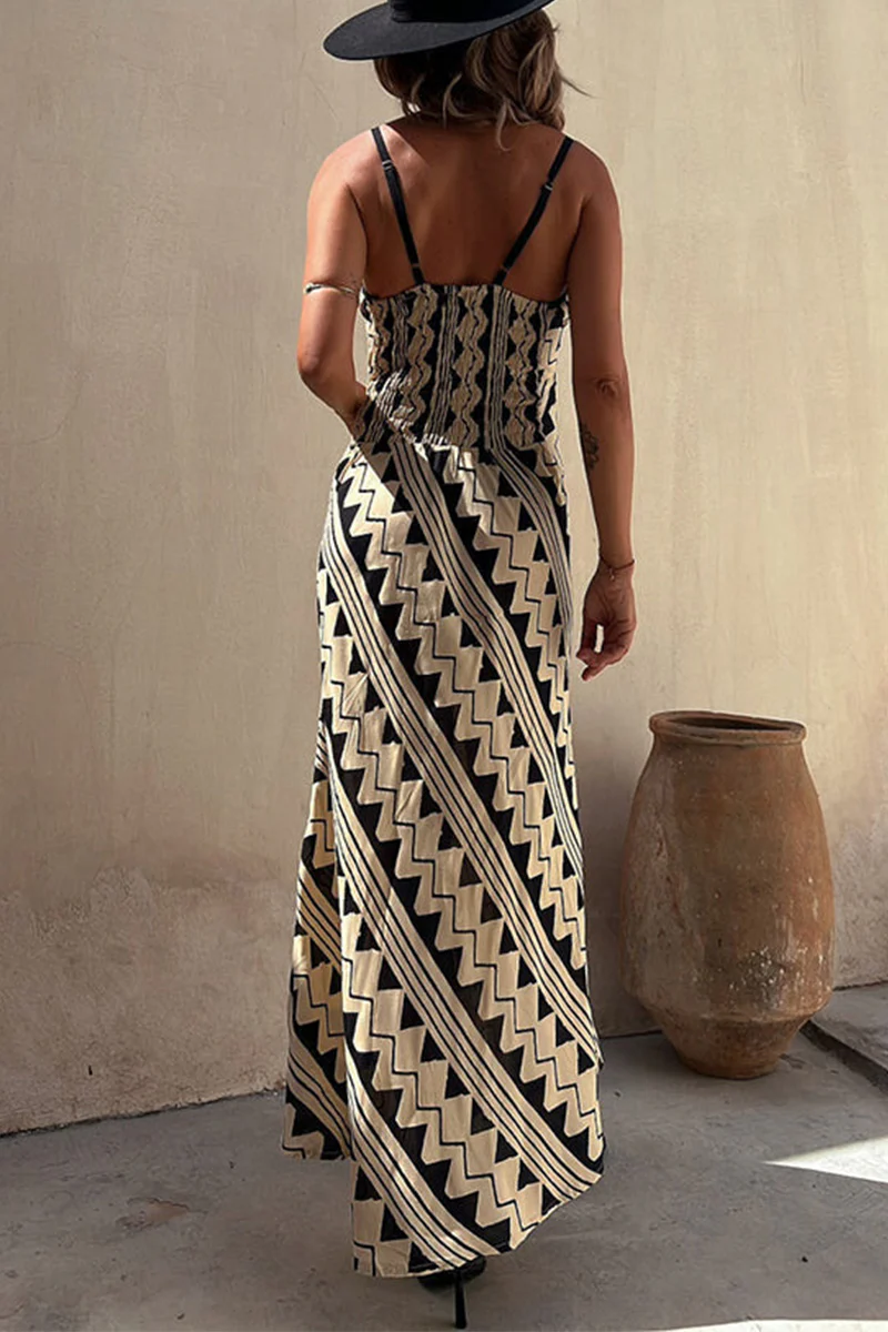 Bohemian Vacation Striped Print Patchwork V Neck Sling Dresses - Panekey