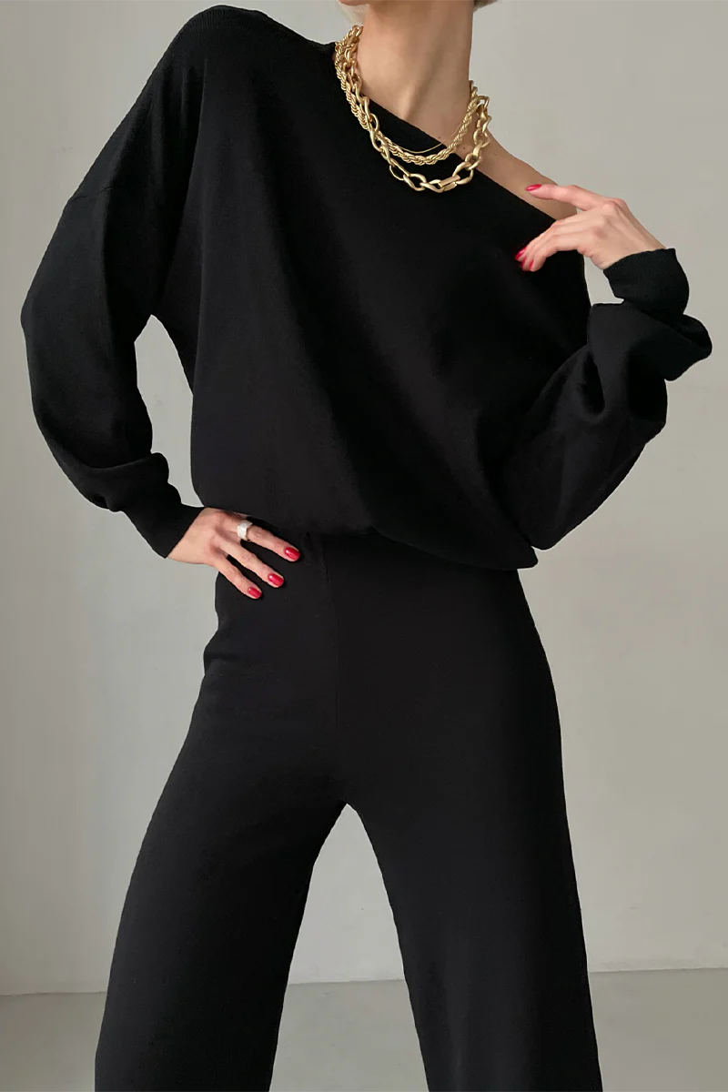Casual Irregular Oblique Collar Long Sleeve Two Pieces(3 Colors) - Panekey