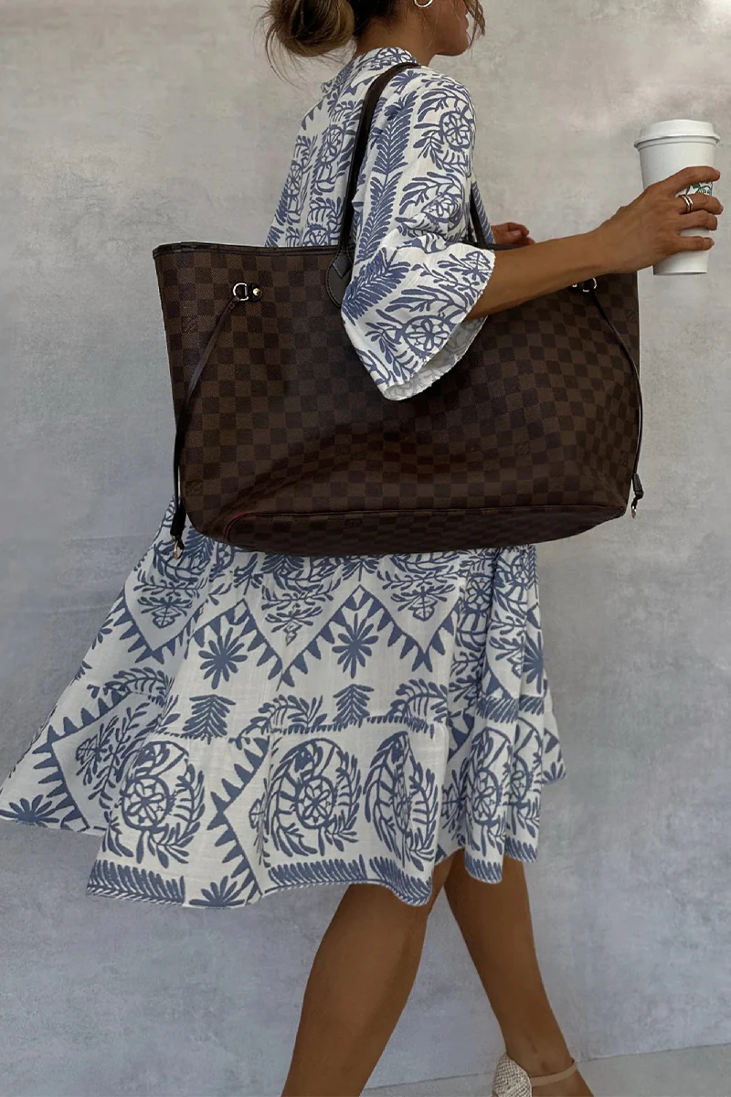 Casual Floral Print Patchwork V Neck A Line Dresses - Panekey