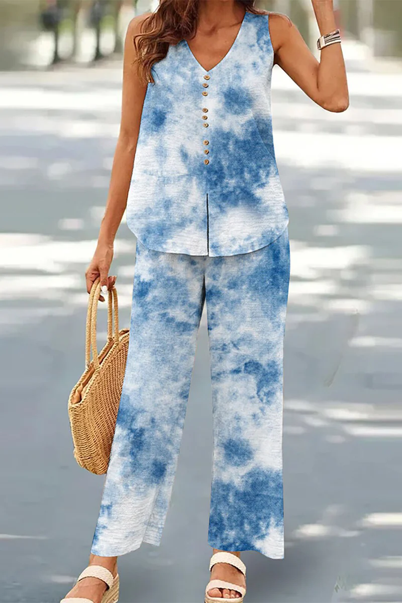 Casual Buttons V Neck Sleeveless Two Pieces(17 Colors) - Panekey